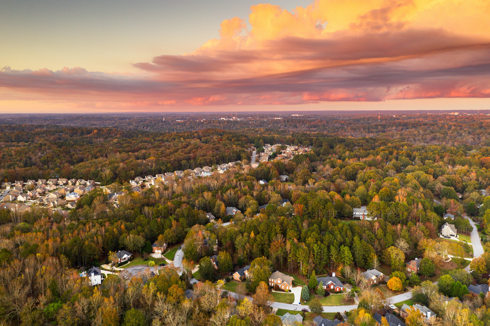 neighborhoods in autumn at dusk